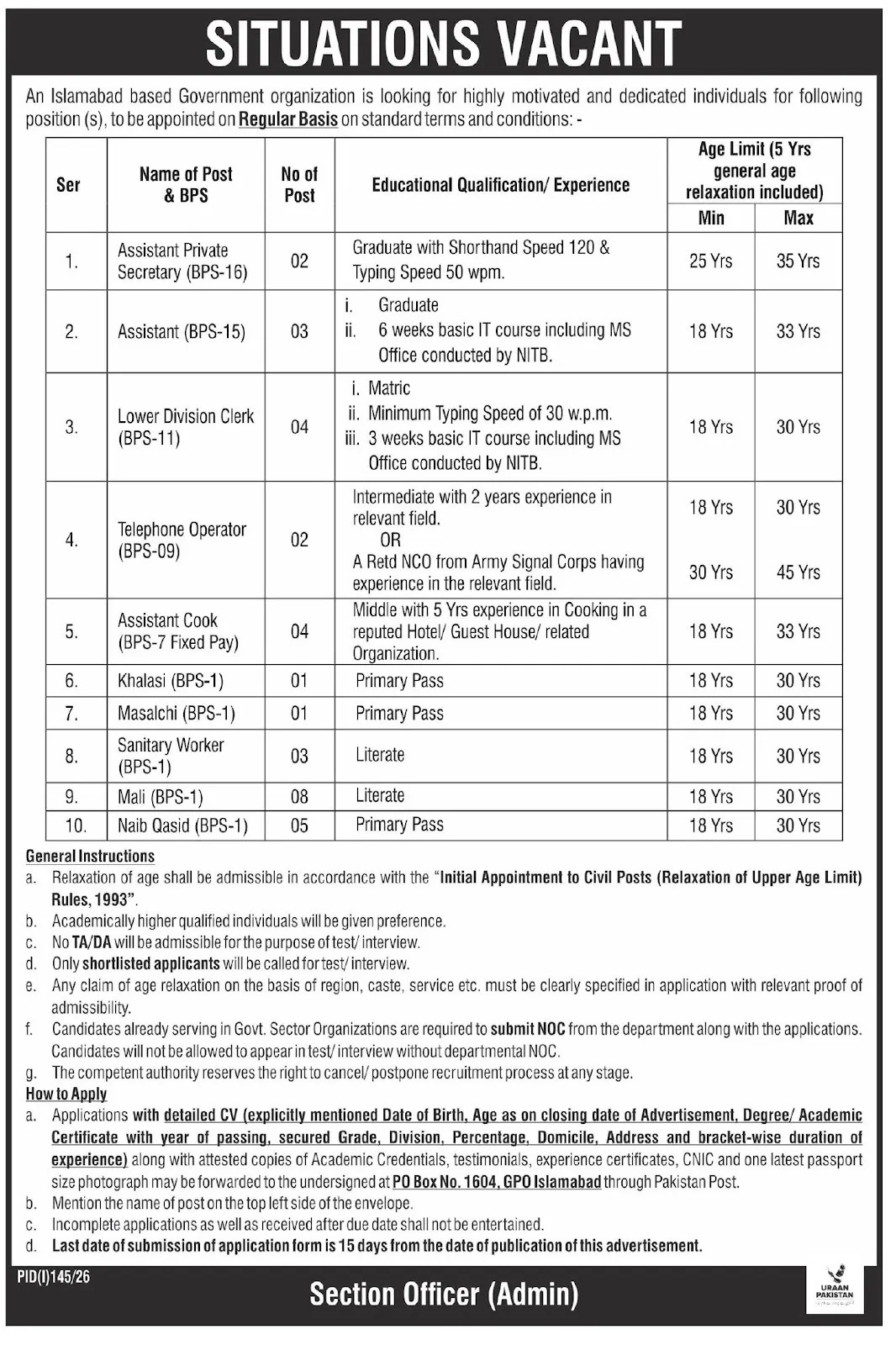 Multiple Positions (Assistant Private Secretary, Assistant, LDC, Telephone Operator, Assistant Cook, and others)